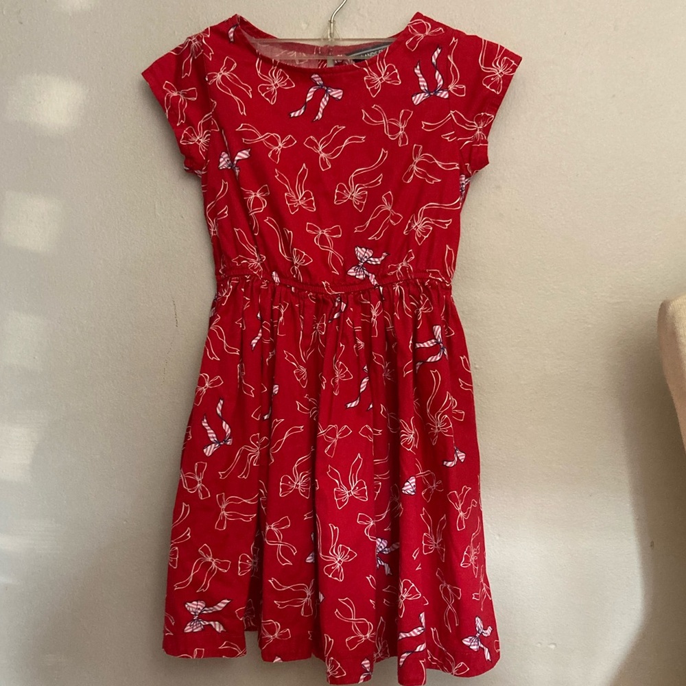 9-11 Lands End Girls Red Dress Bow Print Cotton 7